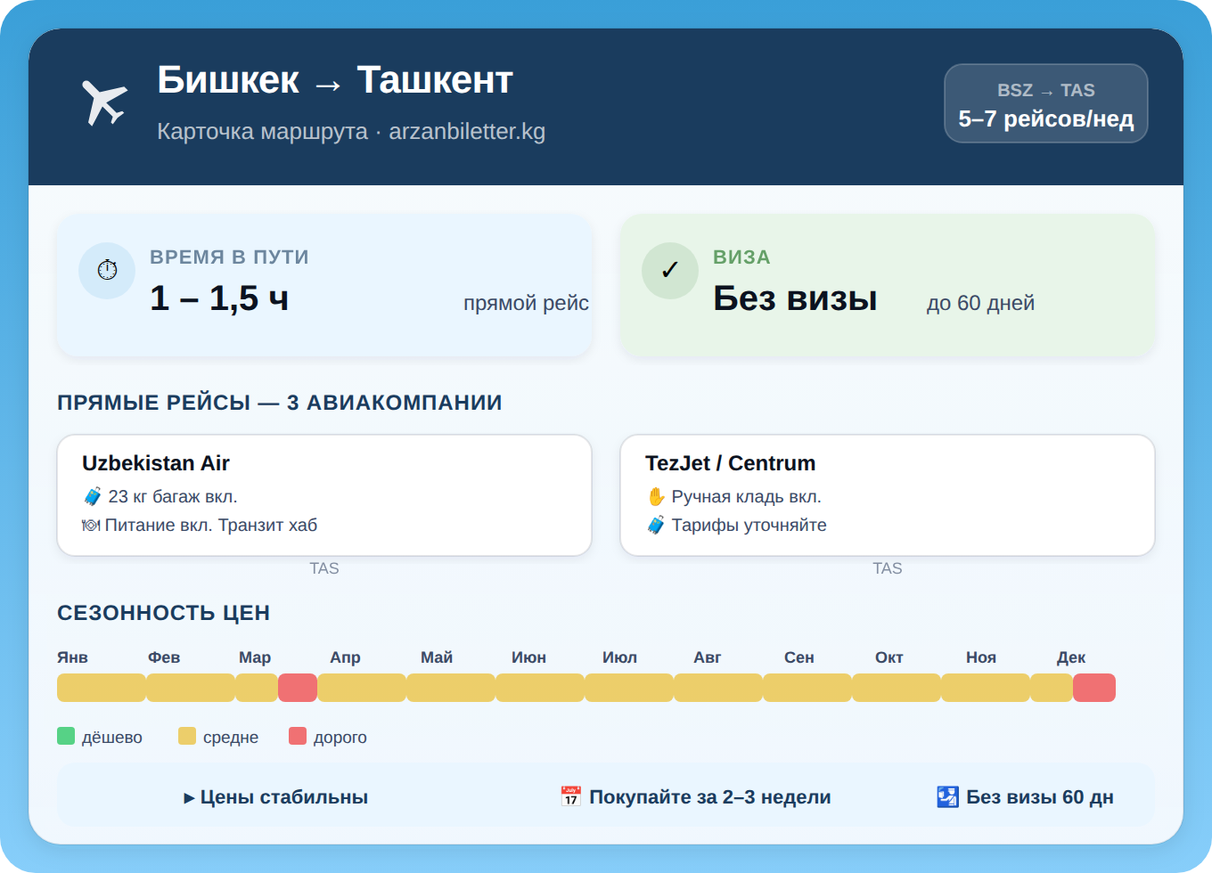 Инфографика маршрута Бишкек — Ташкент: Uzbekistan Airways, TezJet, Centrum Air, время полёта 1–1,5 часа, безвизовый 60 дней