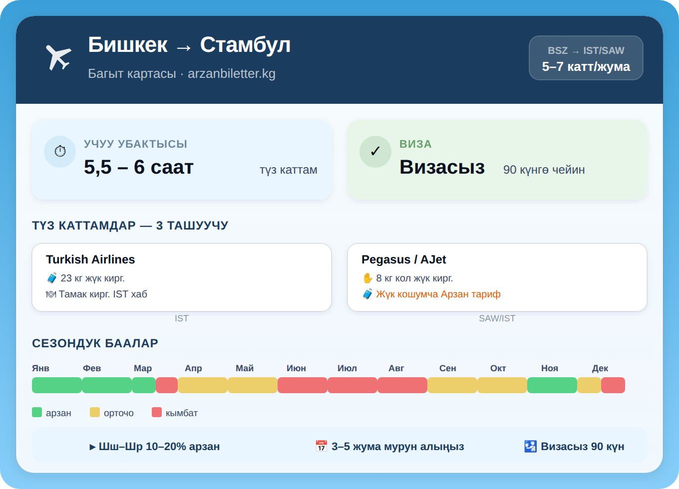 Бишкек — Стамбул багытынын инфографикасы: Turkish Airlines, Pegasus, AJet, учуу убактысы 5,5–6 саат, 90 күнгө визасыз, сезондук баалар