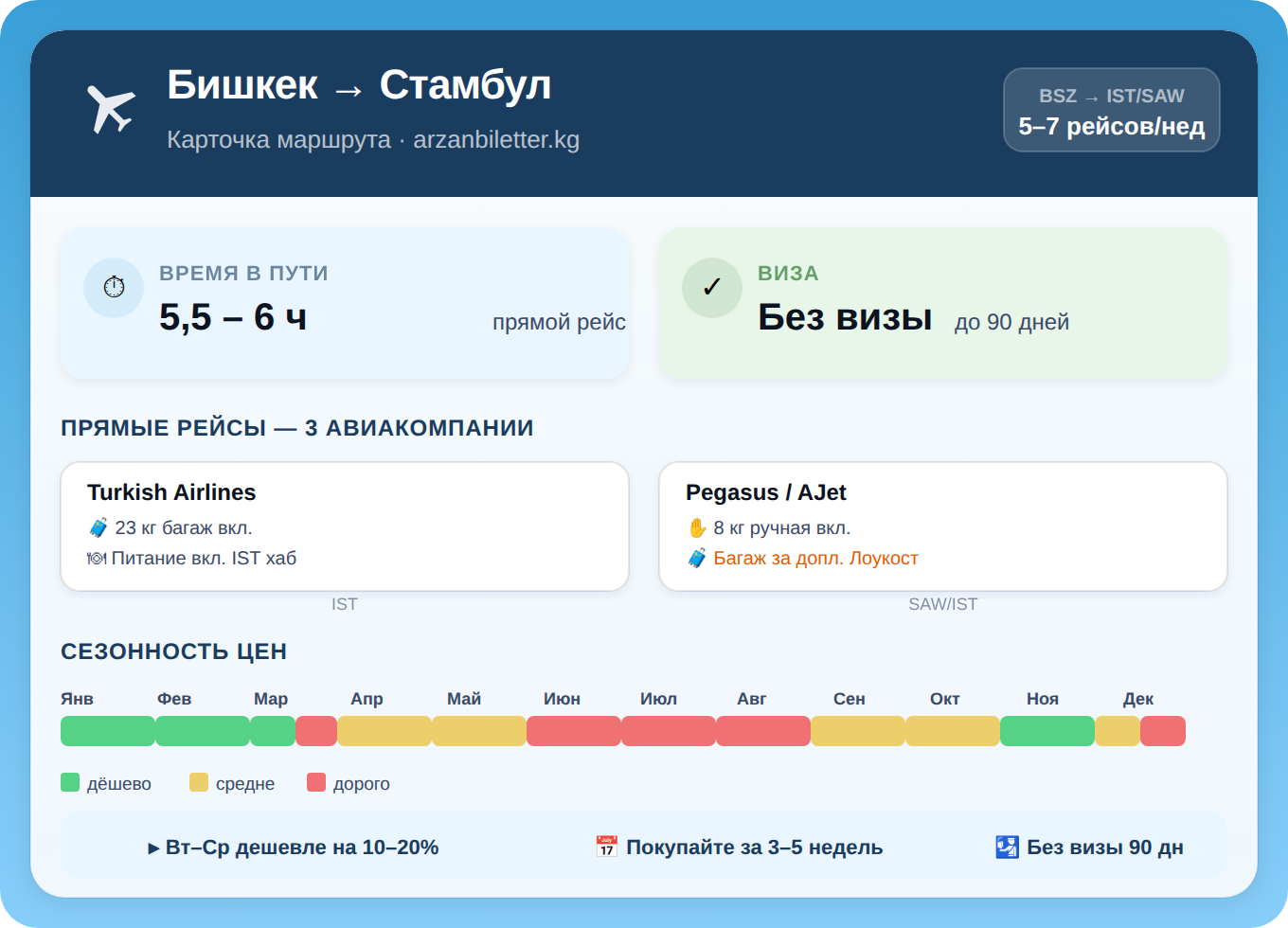 Инфографика маршрута Бишкек — Стамбул: Turkish Airlines, Pegasus, AJet, время полёта 5,5–6 часов, безвизовый режим 90 дней, сезонность цен по месяцам